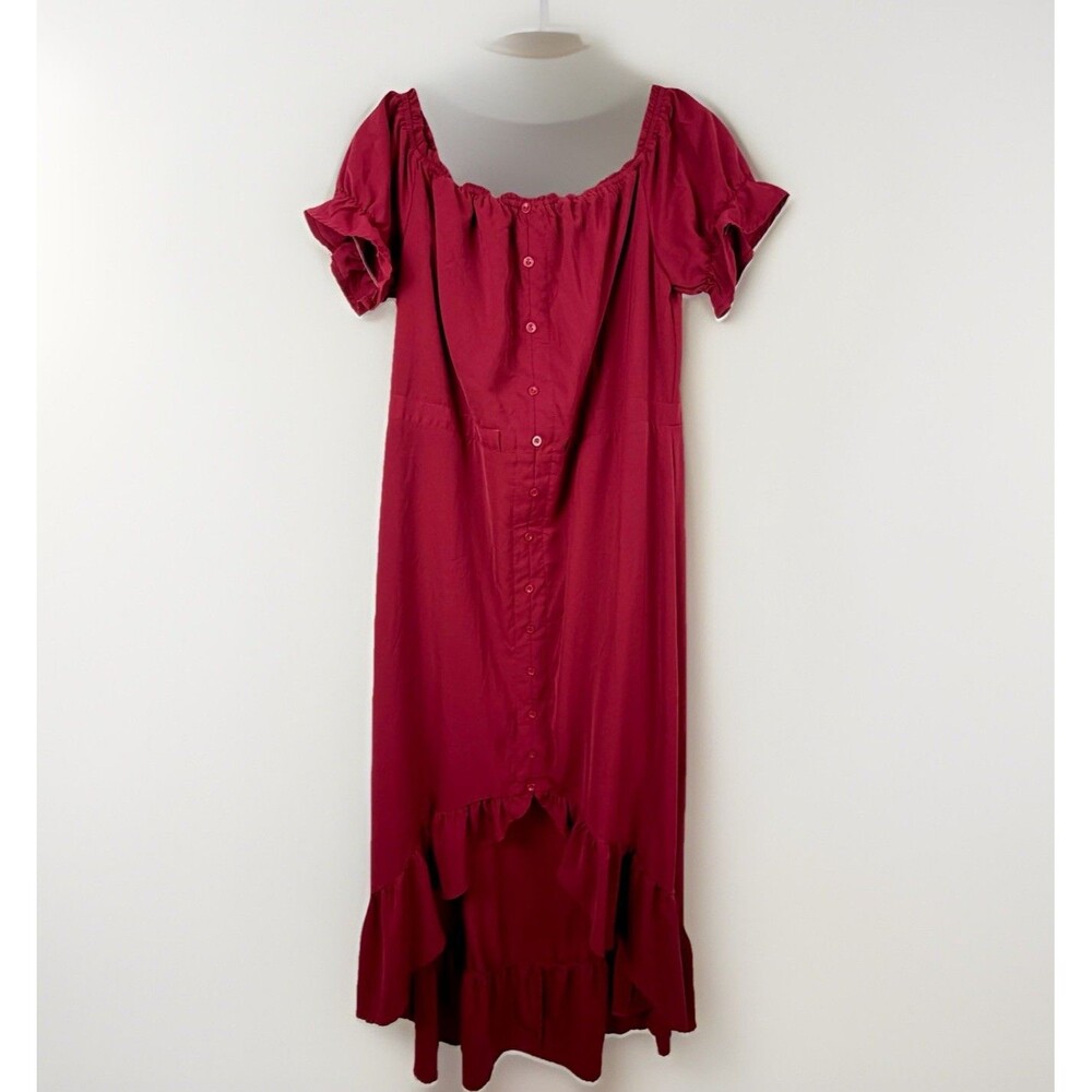 Coquette Red Dress Sz M High Low Ruffle Hem Short Sleeve Button Front Romantic**